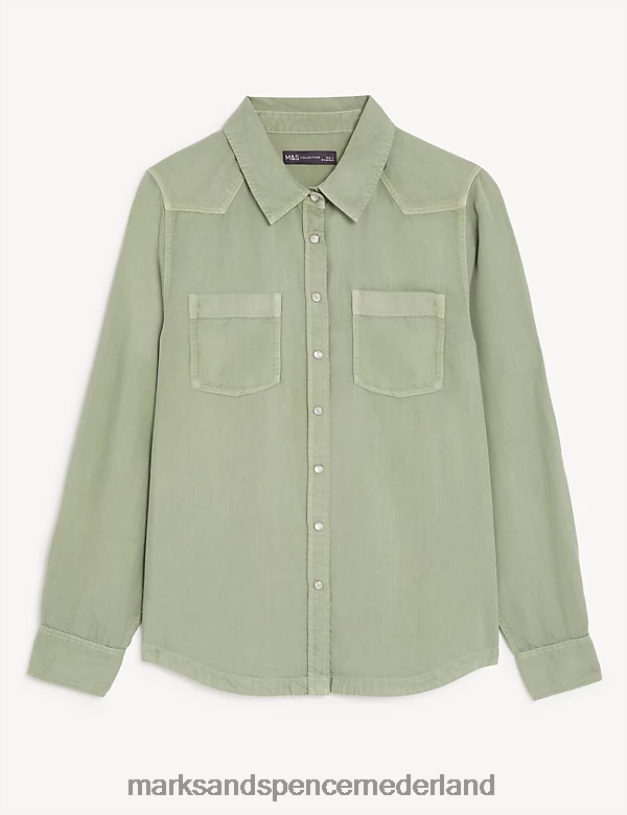 Marks & Spencer vrouwen lyocell theegeverfd overhemd met kraag licht kaki kleding N8VZP471