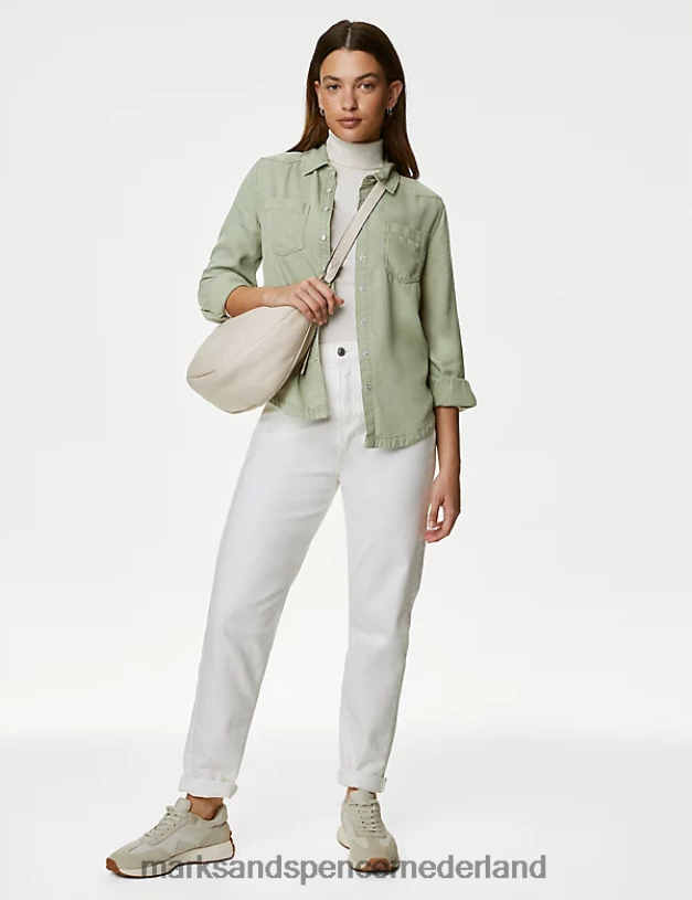 Marks & Spencer vrouwen lyocell theegeverfd overhemd met kraag licht kaki kleding N8VZP471