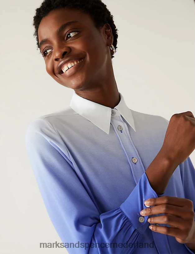Marks & Spencer vrouwen overhemd met lange mouwen en print lichtblauw mengsel kleding N8VZP1311