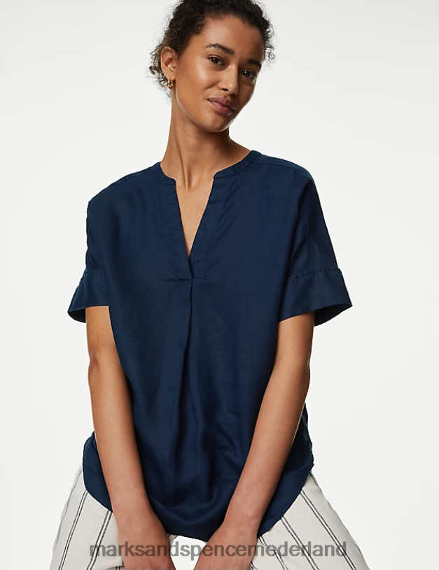 Marks & Spencer vrouwen pop-overblouse met korte mouwen van zuiver linnen marine kleding N8VZP2439