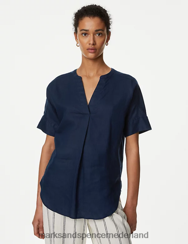 Marks & Spencer vrouwen pop-overblouse met korte mouwen van zuiver linnen marine kleding N8VZP2439