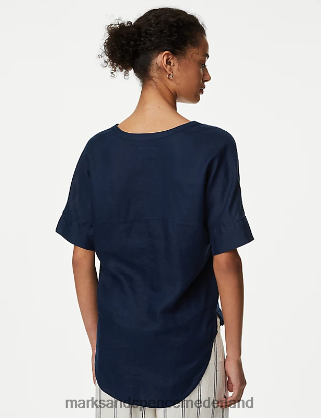 Marks & Spencer vrouwen pop-overblouse met korte mouwen van zuiver linnen marine kleding N8VZP2439