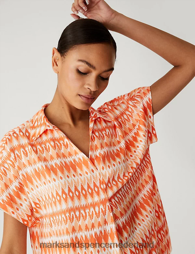 Marks & Spencer vrouwen satijnen bedrukte popoverblouse oranje mengsel kleding N8VZP3048
