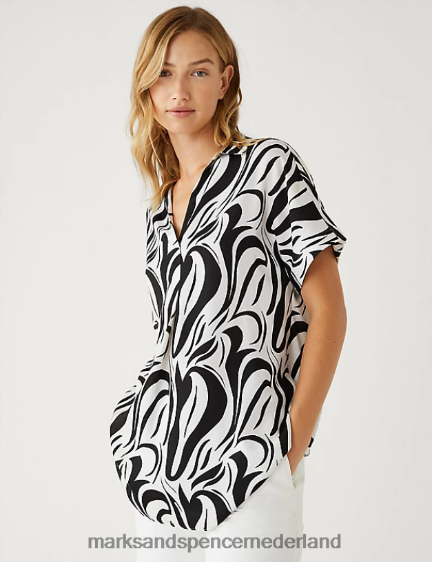Marks & Spencer vrouwen satijnen bedrukte popoverblouse zwarte mix kleding N8VZP3049