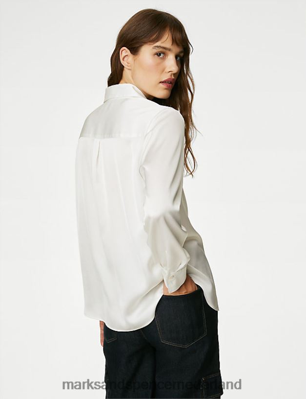 Marks & Spencer vrouwen satijnen overhemd met lange mouwen en kraag ivoor kleding N8VZP2963
