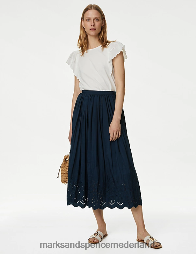 Marks & Spencer vrouwen Broderie geplooide midaxi rok marine kleding N8VZP1404