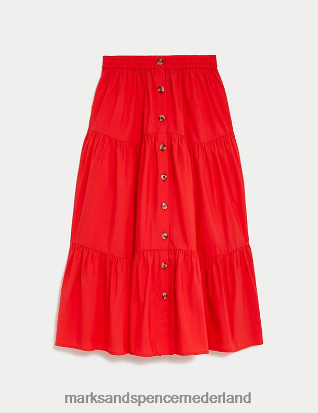 Marks & Spencer vrouwen Gelaagde midi-rok van katoen met knopen rood kleding N8VZP851