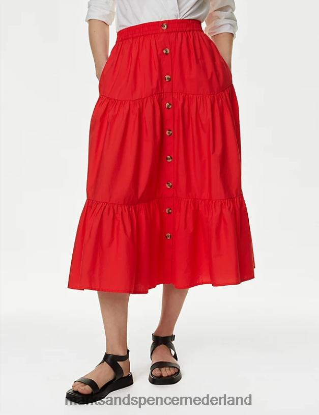 Marks & Spencer vrouwen Gelaagde midi-rok van katoen met knopen rood kleding N8VZP851