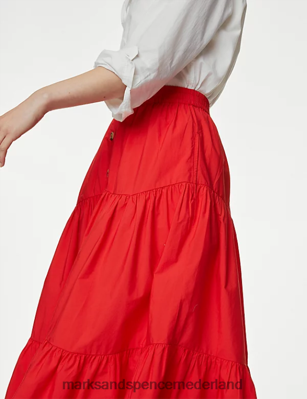 Marks & Spencer vrouwen Gelaagde midi-rok van katoen met knopen rood kleding N8VZP851