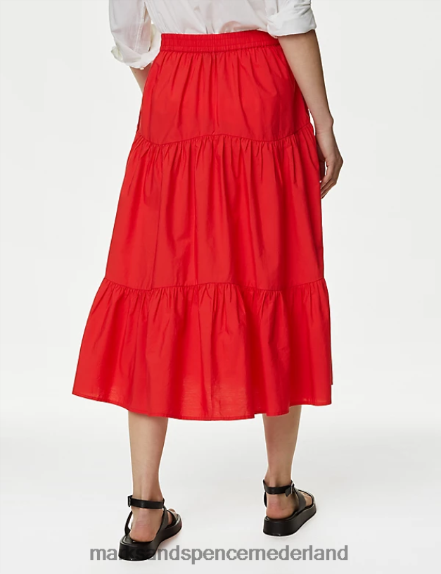 Marks & Spencer vrouwen Gelaagde midi-rok van katoen met knopen rood kleding N8VZP851
