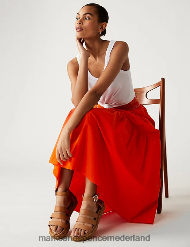 Marks & Spencer vrouwen Gelaagde midi-rok van puur katoen met naaddetail rood kleding N8VZP309