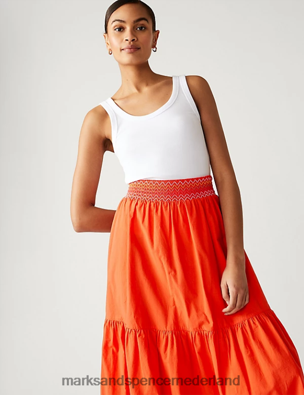 Marks & Spencer vrouwen Gelaagde midi-rok van puur katoen met naaddetail rood kleding N8VZP309