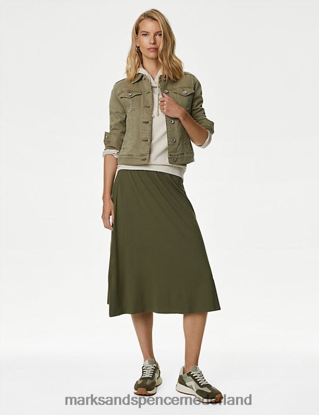 Marks & Spencer vrouwen Halflange cirkelrok van jersey khaki kleding N8VZP2887