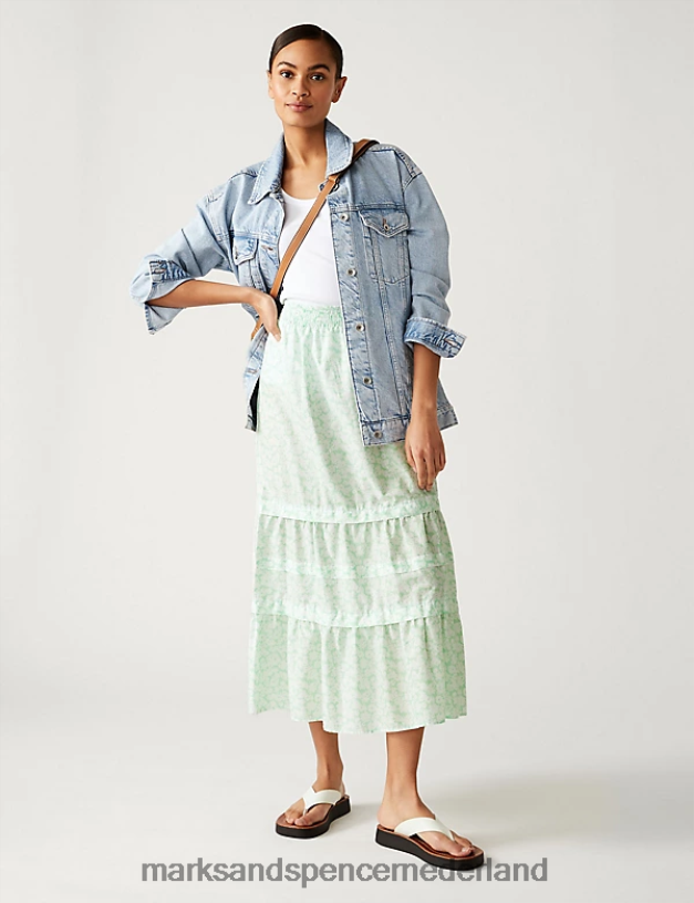 Marks & Spencer vrouwen Midaxi gelaagde rok van puur katoen met bloemen groene mix kleding N8VZP954