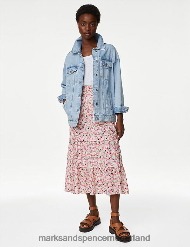 Marks & Spencer vrouwen Midaxi gelaagde rok van puur katoen met bloemen roze mix kleding N8VZP1318