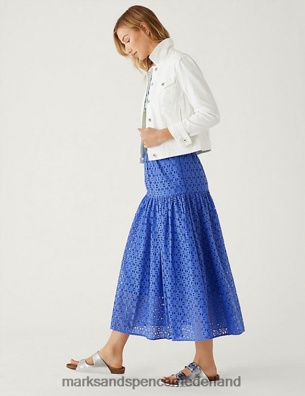 Marks & Spencer vrouwen Midaxi gelaagde rok van puur katoen met broderie blauw kleding N8VZP1795
