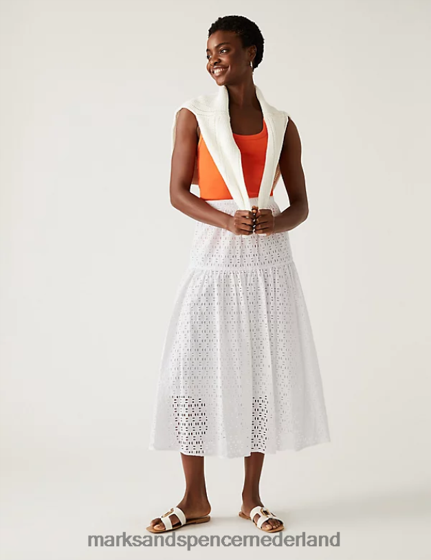 Marks & Spencer vrouwen Midaxi gelaagde rok van puur katoen met broderie zacht wit kleding N8VZP1458
