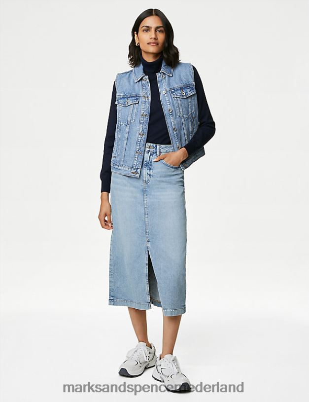 Marks & Spencer vrouwen Midi-rok van denim met split aan de voorkant licht indigo kleding N8VZP304