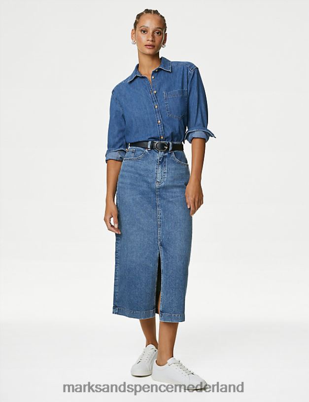 Marks & Spencer vrouwen Midi-rok van denim met split aan de voorkant middelmatige indigo kleding N8VZP665