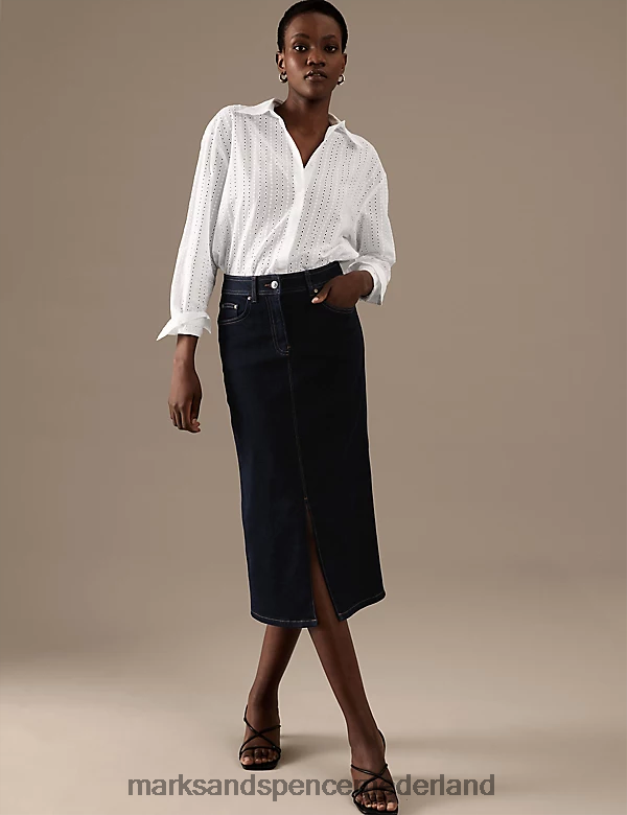 Marks & Spencer vrouwen denim midaxi a-lijn rok met knopen aan de voorkant indigo kleding N8VZP306