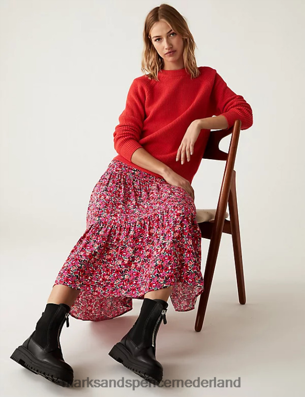 Marks & Spencer vrouwen midaxi gelaagde rok met print roze mix kleding N8VZP2989