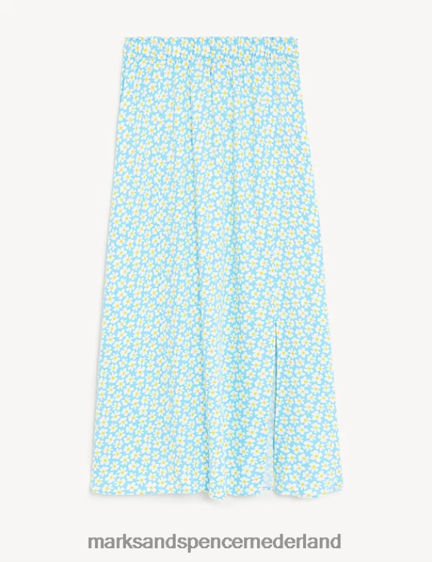 Marks & Spencer vrouwen midi a-lijn rok met zijsplit en print turkoois mengsel kleding N8VZP3154