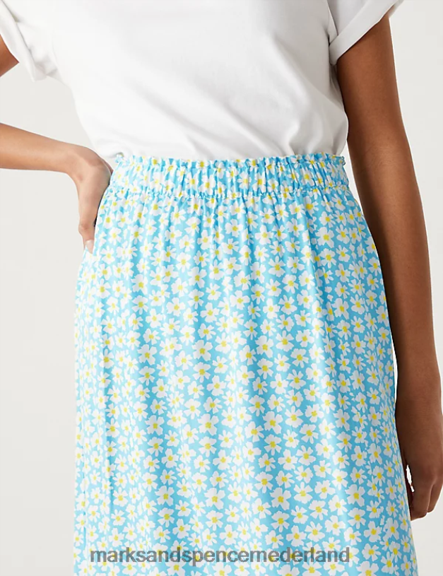 Marks & Spencer vrouwen midi a-lijn rok met zijsplit en print turkoois mengsel kleding N8VZP3154