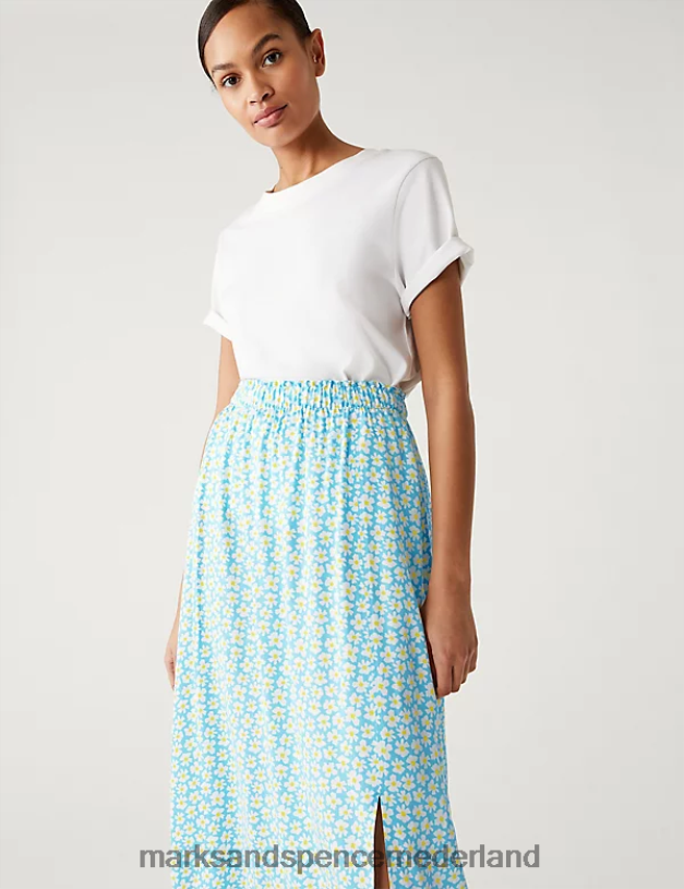 Marks & Spencer vrouwen midi a-lijn rok met zijsplit en print turkoois mengsel kleding N8VZP3154
