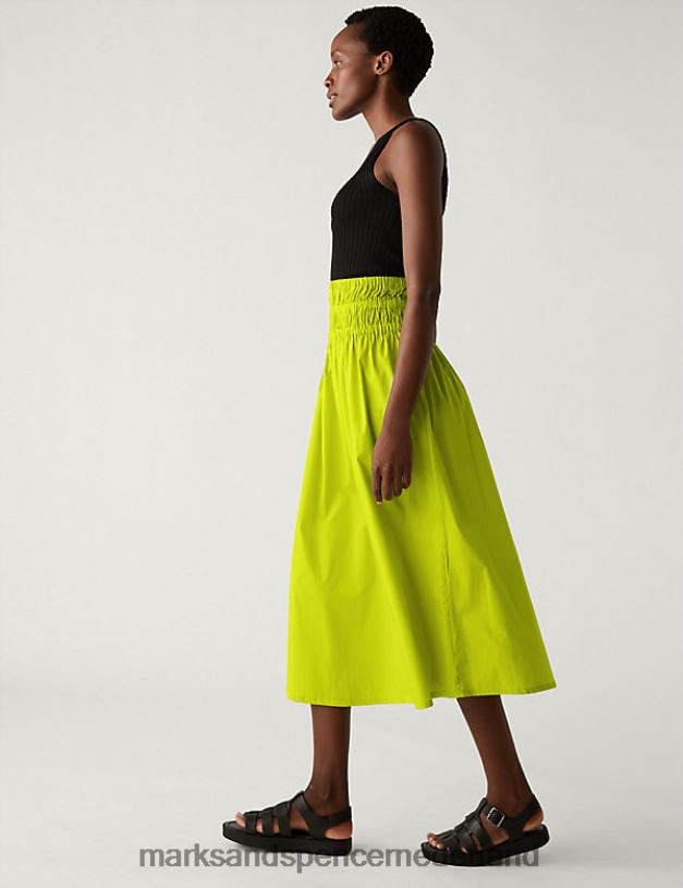 Marks & Spencer vrouwen puur katoenen gesmokte midaxi skaterrok limoen kleding N8VZP702