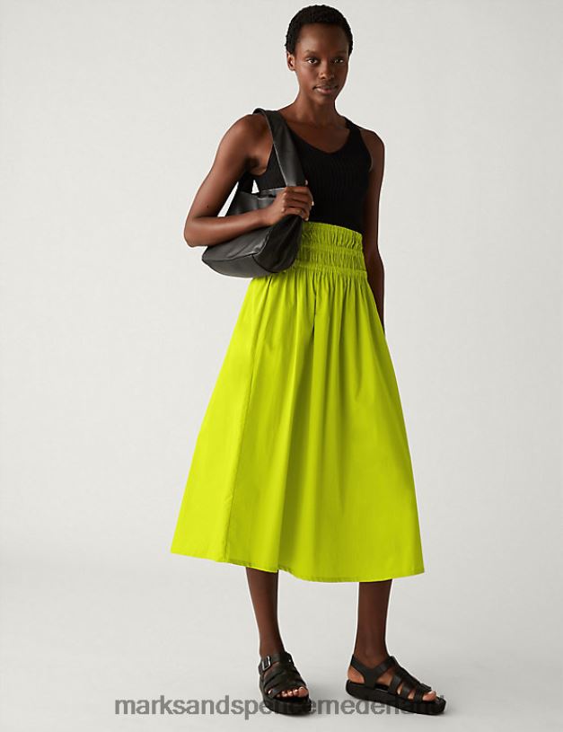 Marks & Spencer vrouwen puur katoenen gesmokte midaxi skaterrok limoen kleding N8VZP702