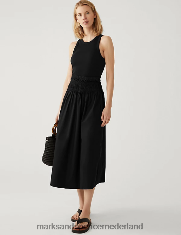 Marks & Spencer vrouwen puur katoenen gesmokte midaxi skaterrok zwart kleding N8VZP342