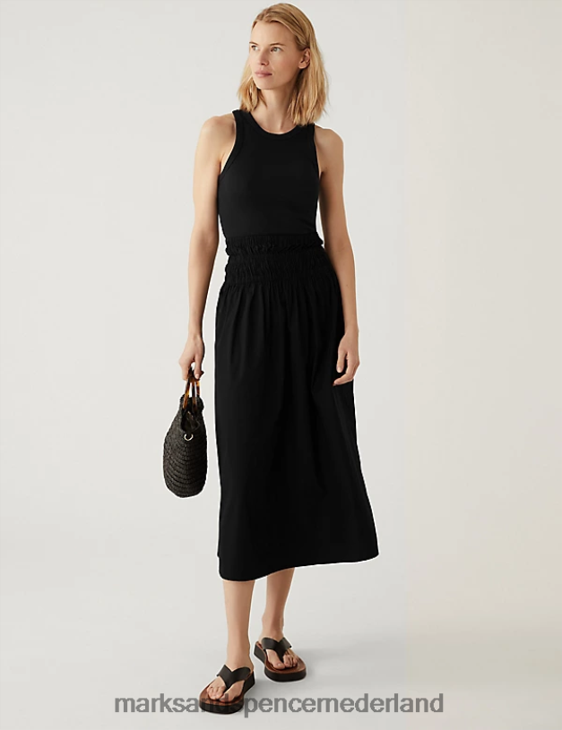 Marks & Spencer vrouwen puur katoenen gesmokte midaxi skaterrok zwart kleding N8VZP342