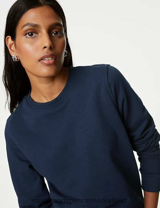 Marks & Spencer vrouwen het katoenrijke sweatshirt met ronde hals marine kleding N8VZP3526