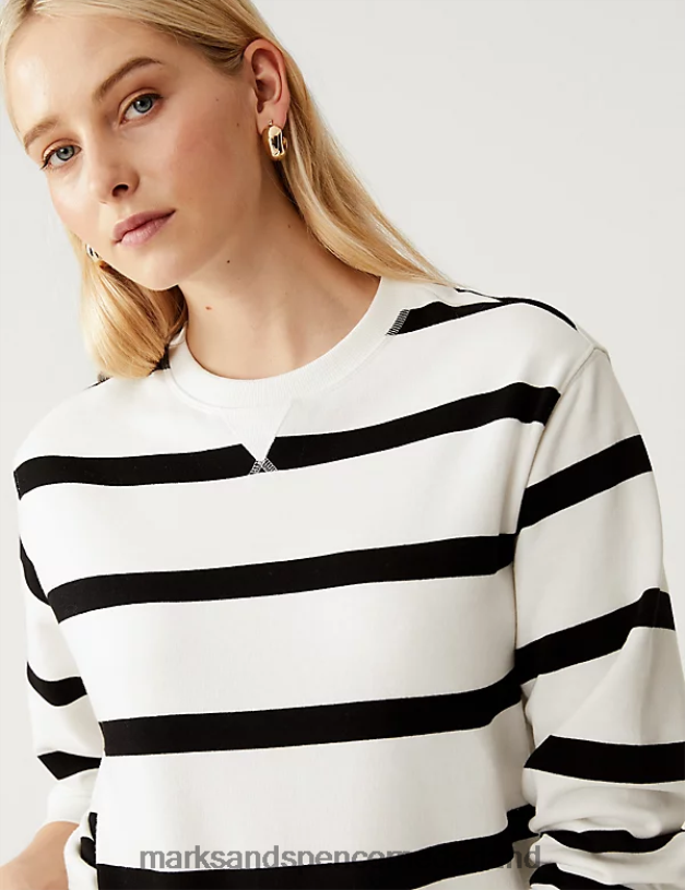 Marks & Spencer vrouwen katoenrijk gestreept sweatshirt met ronde hals ivoor mix kleding N8VZP964