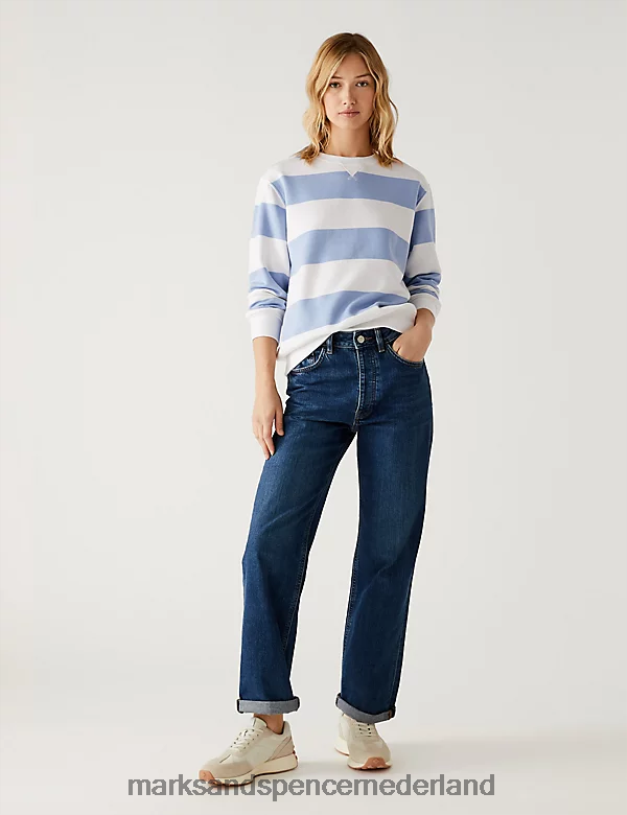 Marks & Spencer vrouwen katoenrijk gestreept sweatshirt met ronde hals middenblauwe mix kleding N8VZP573