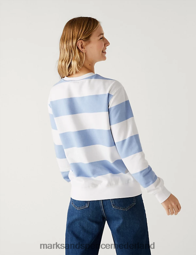 Marks & Spencer vrouwen katoenrijk gestreept sweatshirt met ronde hals middenblauwe mix kleding N8VZP573