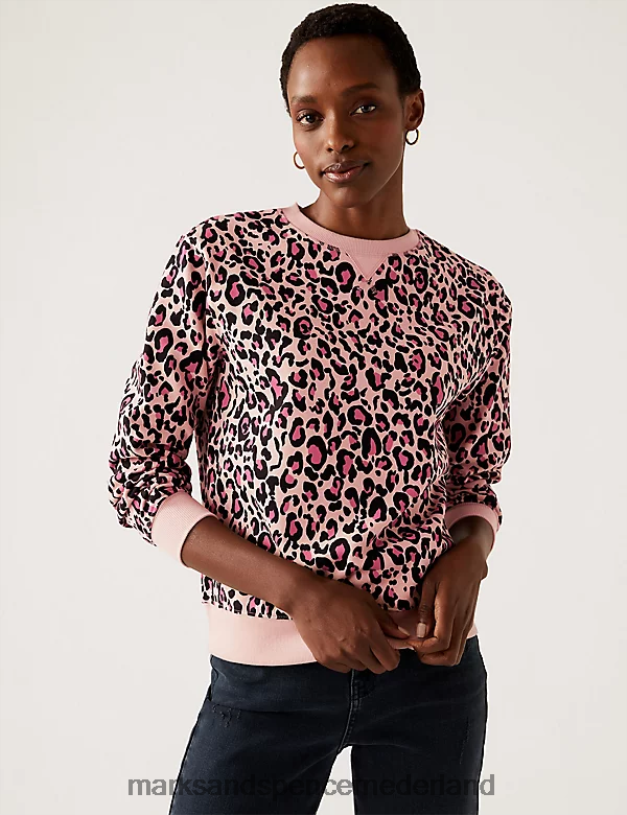 Marks & Spencer vrouwen katoenrijk sweatshirt met ronde hals en print roze mix kleding N8VZP2894