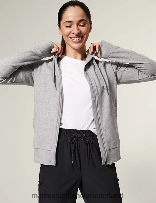Marks & Spencer vrouwen katoenrijke hoodie met rits grijze mergel kleding N8VZP3340