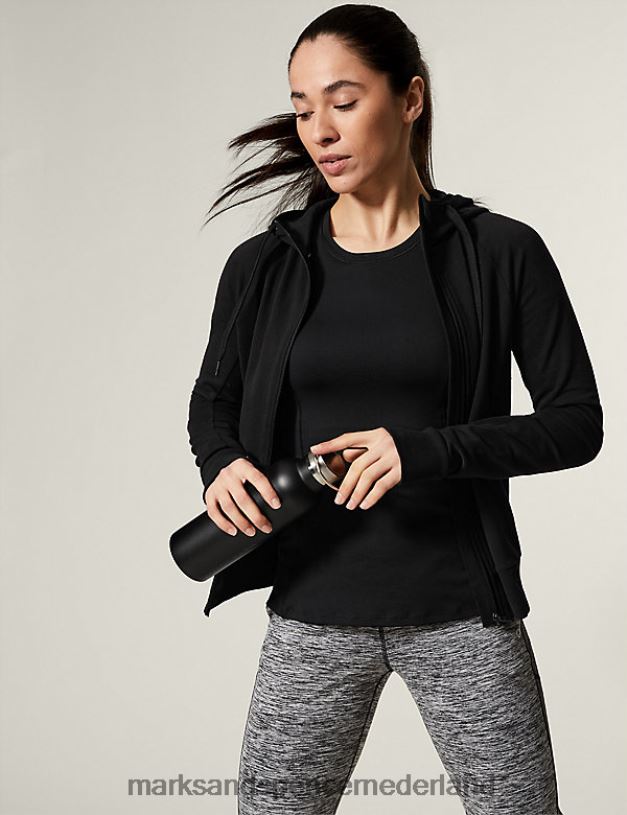Marks & Spencer vrouwen katoenrijke hoodie met rits zwart kleding N8VZP3055