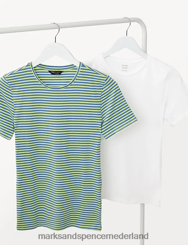 Marks & Spencer vrouwen 2 stuks katoenrijke slim-fit T-shirts blauw mengsel kleding N8VZP763