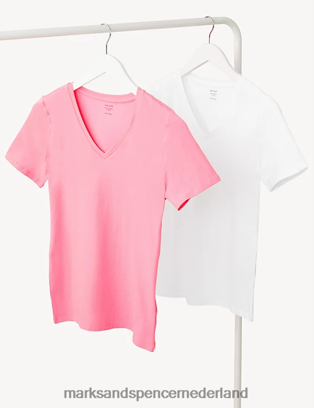 Marks & Spencer vrouwen 2 stuks katoenrijke t-shirts roze mix kleding N8VZP1712
