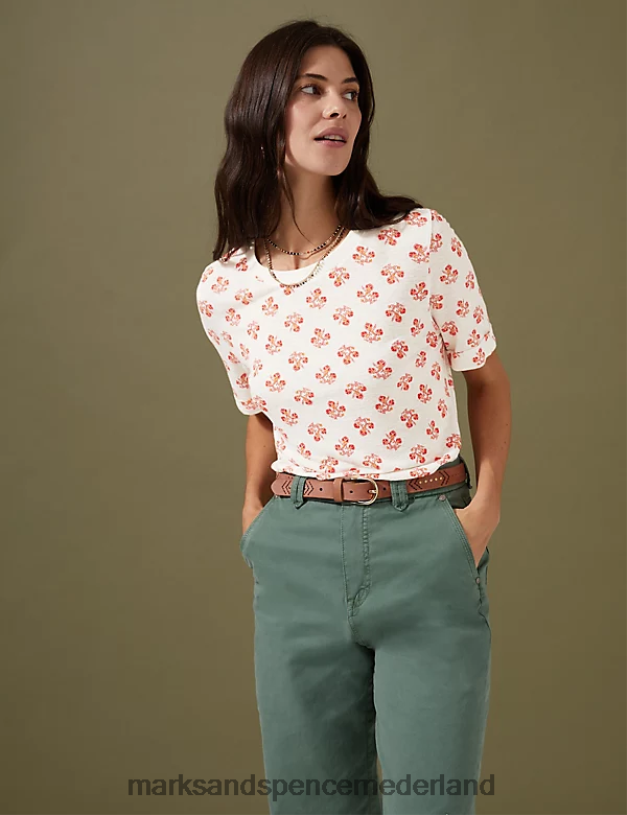 Marks & Spencer vrouwen Geometrisch T-shirt met korte mouwen van linnenmix crème mix kleding N8VZP2210