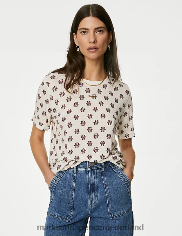 Marks & Spencer vrouwen Geometrisch T-shirt met korte mouwen van linnenmix ecru kleding N8VZP2560