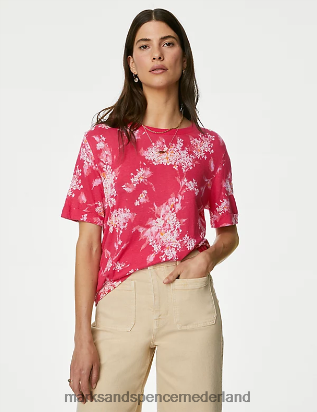 Marks & Spencer vrouwen Geometrisch T-shirt met korte mouwen van linnenmix robijn kleding N8VZP2559