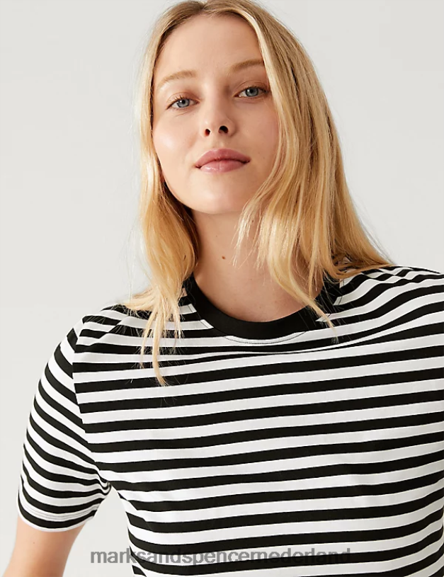 Marks & Spencer vrouwen Gestreept T-shirt van puur katoen voor elke dag zwarte mix kleding N8VZP2209