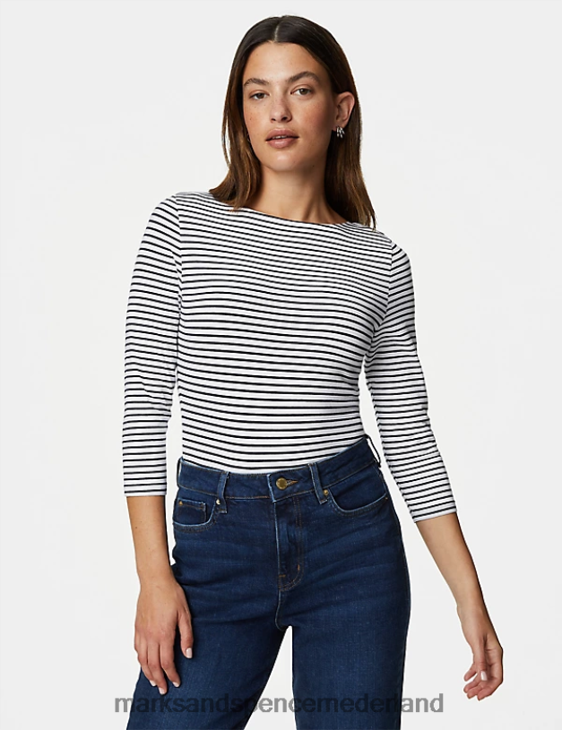 Marks & Spencer vrouwen Katoenrijk gestreept slim-fit T-shirt marine mix kleding N8VZP991