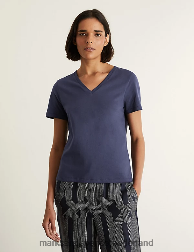 Marks & Spencer vrouwen T-shirt van puur katoen met V-hals marine kleding N8VZP2419
