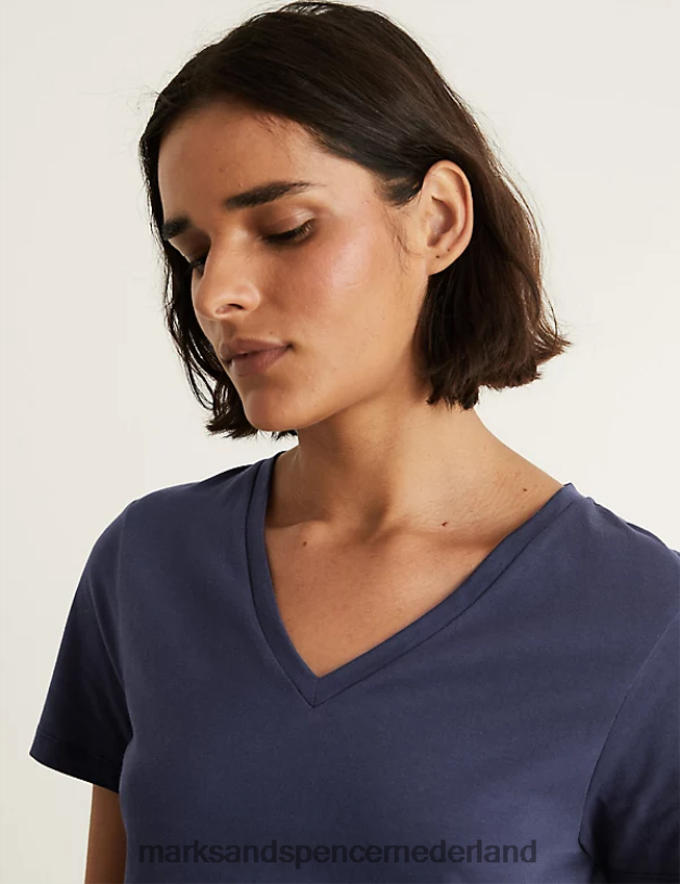 Marks & Spencer vrouwen T-shirt van puur katoen met V-hals marine kleding N8VZP2419