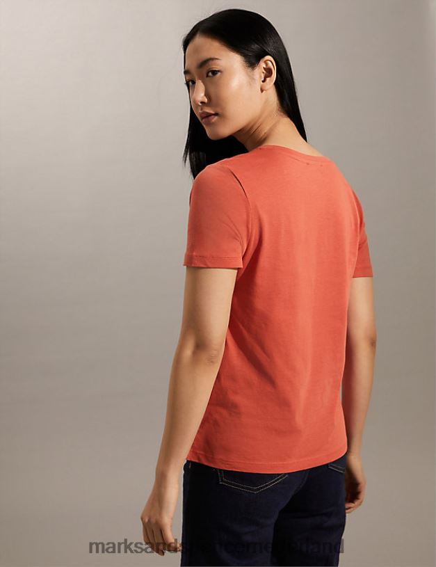 Marks & Spencer vrouwen T-shirt van puur katoen met V-hals verbrande sinaasappel kleding N8VZP2420
