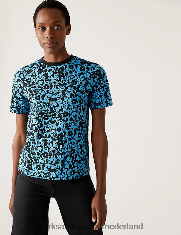 Marks & Spencer vrouwen T-shirt van puur katoen met print en alledaagse pasvorm middenblauwe mix kleding N8VZP2394